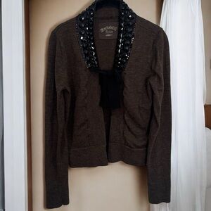 Rockabilly Rules Ambiente Brown Wool Black Collar Beaded Cardigan Size L